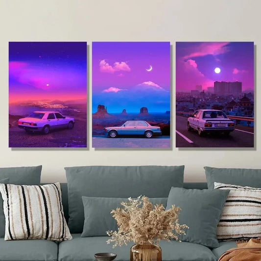 3pcs Colorful Cityscapes with Classic Cars,  Metal Print Ready to Hang Art