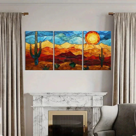 3pcs Cactus & Sunburst Design Metal Print Ready to Hang Art