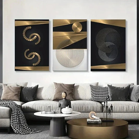 3pcs  Elegant Black & Golden Geometric  Metal Print Ready to Hang Art
