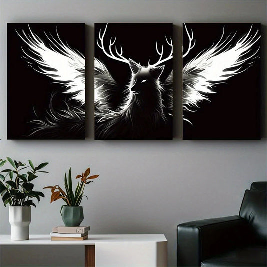 3pcs Black and White Corner Fantasy Creatures Metal Print Ready to Hang Art
