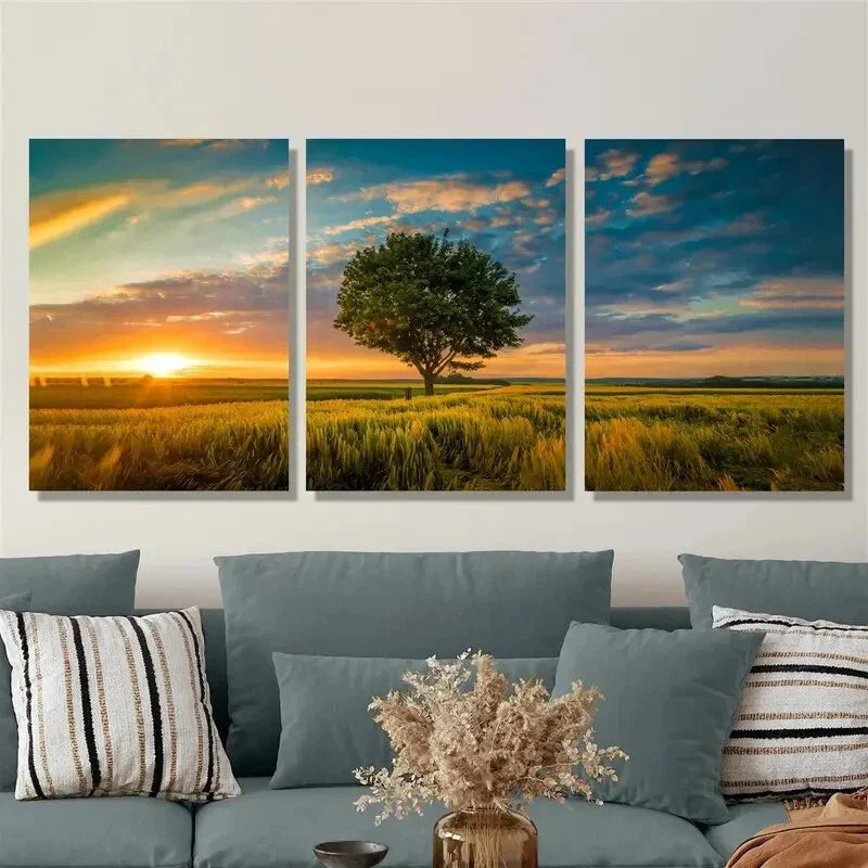 3pcs Small trees in the field, sunset Metal Print Ready to Hang Art