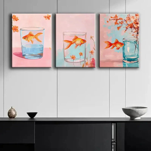 3pcs Colorful Goldfish in Glass Tank Perfect Wall Art Set Canvas Framed 40x60cm - High Quality Print 100% Australian Made Wall Canvas Ready to Hang