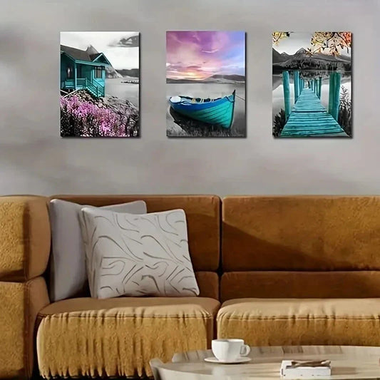 3pcs  Cabin Purple Sailboat Pictures, Scenery  Metal Print Ready to Hang Art