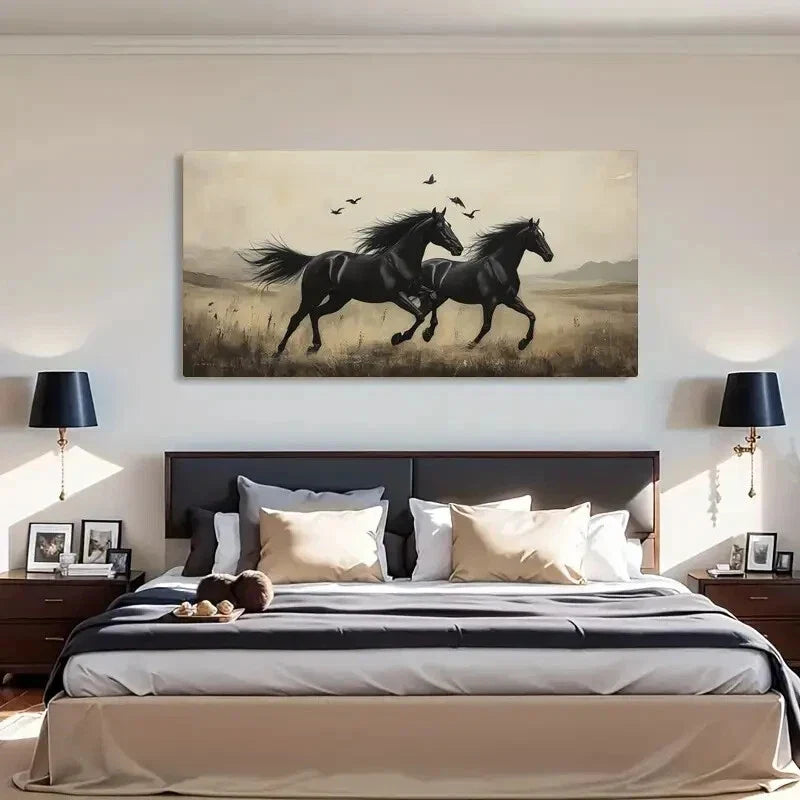 Black Horses Classic Retro Wall Art Canvas Office Home Room Framed 80x45cm