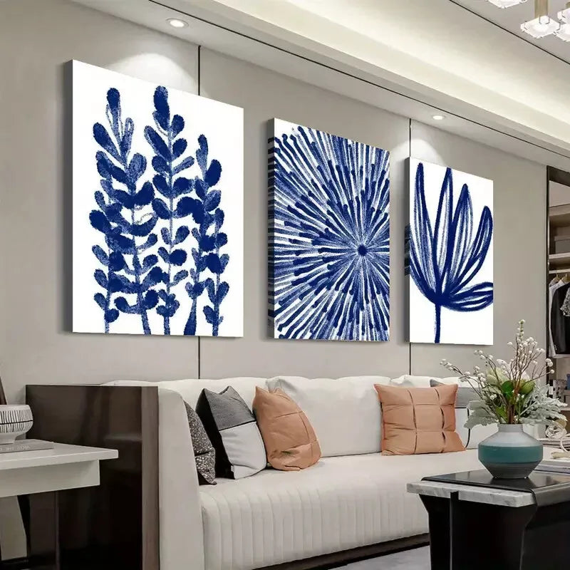 3pcs Vibrant Blue Abstract & Floral Canvas Framed 40x60cm - High Quality Print 100% Australian Made Wall Canvas Ready to Hang