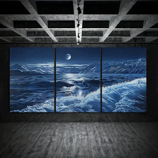 3pcs Moonlight Ocean Wave White Stones Metal Print Ready to Hang Art