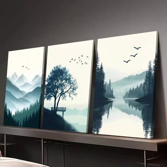 3pcs Mountain Lake Landscape with Pine Trees Wall Art Set Canvas Framed 40x60cm - High Quality Print 100% Australian Made Wall Canvas Ready to Hang