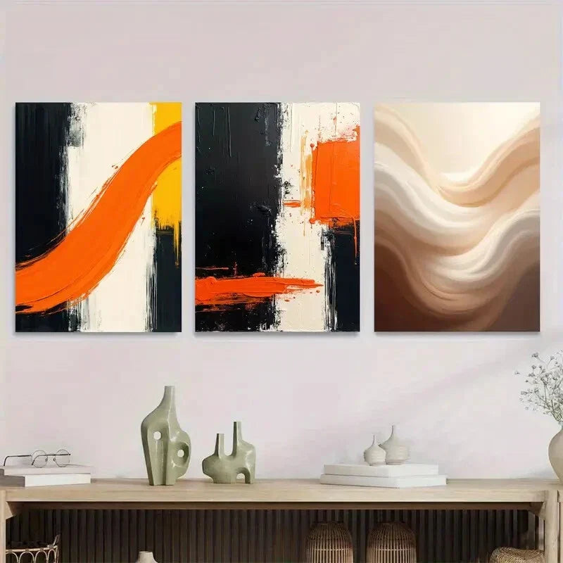 3pcs Vibrant Orange, Black & Neutral Tones Metal Print Ready to Hang Art