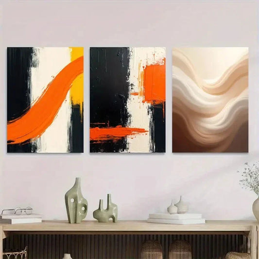 3pcs Vibrant Orange, Black & Neutral Tones Metal Print Ready to Hang Art