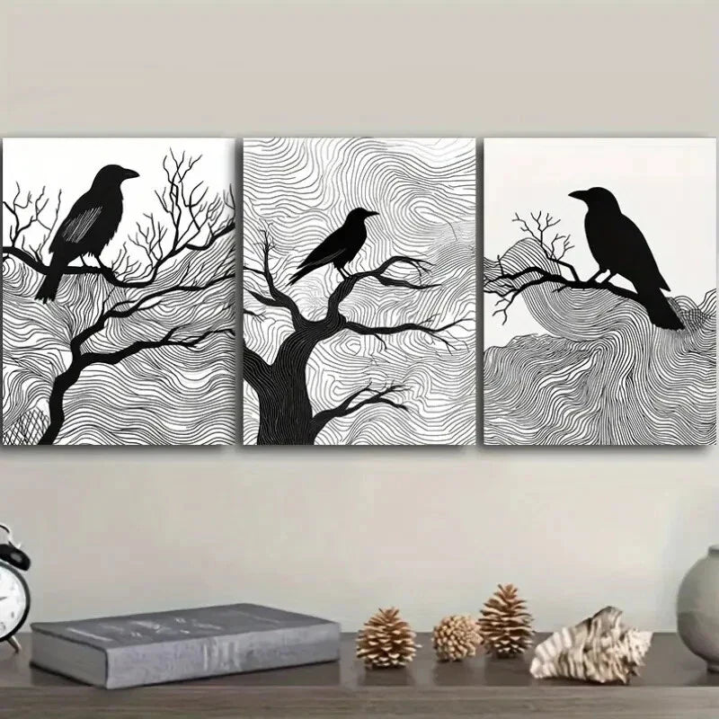 3pcs Black Crow on Tree Branches Wall Art Set Canvas Framed 40x60cm - High Quality Print 100% Australian Made Wall Canvas Ready to Hang