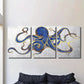 3pcs  Navy Golden Blue and Gray Abstract Octopus   Metal Print Ready to Hang Art