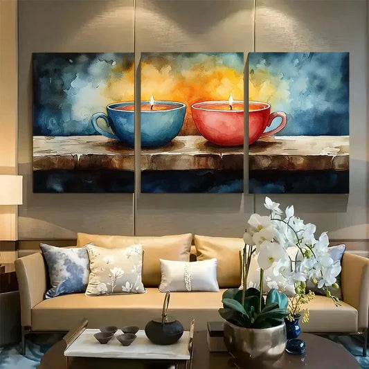 3pcs Unique Teacup Candles watercolor Metal Print Ready to Hang Art