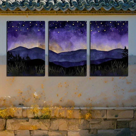 3pcs Triptych Galaxy Mountain Starry Night Sky Metal Print Ready to Hang Art