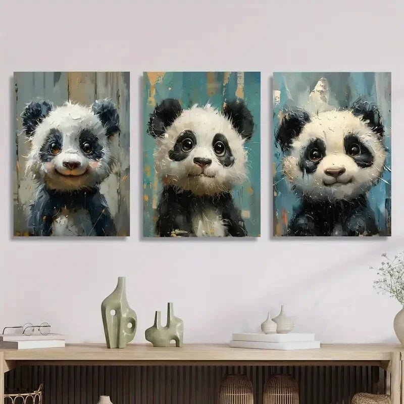 3pcs Cute panda imitation wood board Metal Print Ready to Hang Art