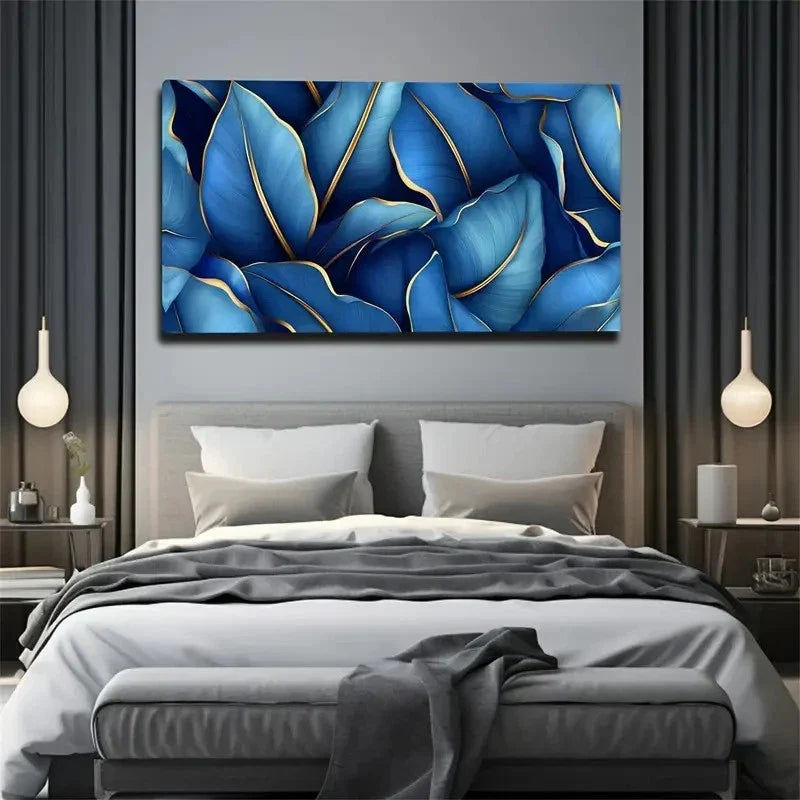 Stacked Blue & Golden Leaf Wall Art Canvas Office Home Room Framed 120x60cm