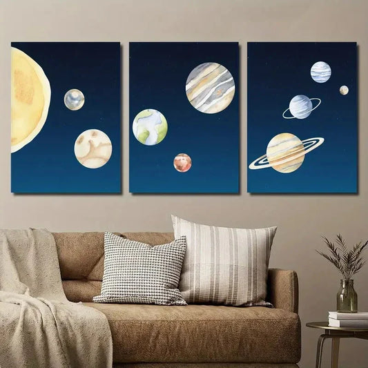 3pcs Navy Blue Starry Sky Planet Solar Metal Print Ready to Hang Art