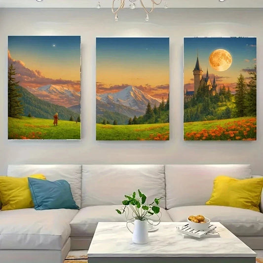 3pcs A Fantasy Landscape Featuring a Castle Metal Print Ready to Hang Art