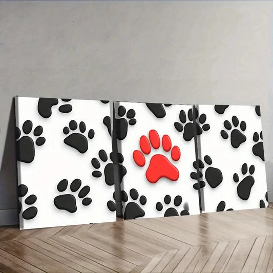 3pcs Painting, Black Dog Paw Wall Art Set Canvas Framed 40x60cm - High Quality Print 100% Australian Made Wall Canvas Ready to Hang