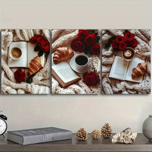 3pcs  A book, red roses, bread Metal Print Ready to Hang Art