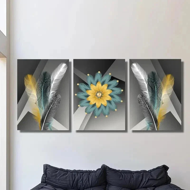 3pcs Golden Silk Luxury Feathers, Geometric Art, Metal Print Ready to Hang Art