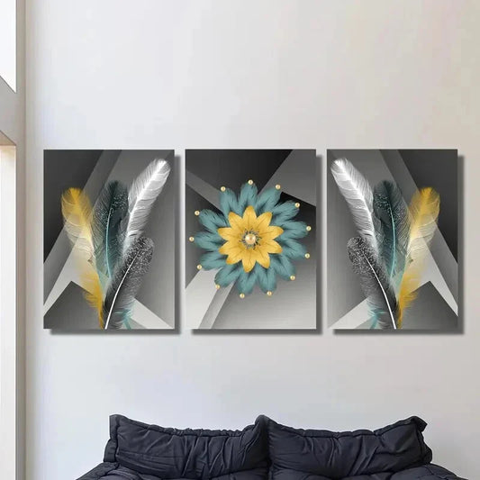 3pcs Golden Silk Luxury Feathers, Geometric Art, Metal Print Ready to Hang Art