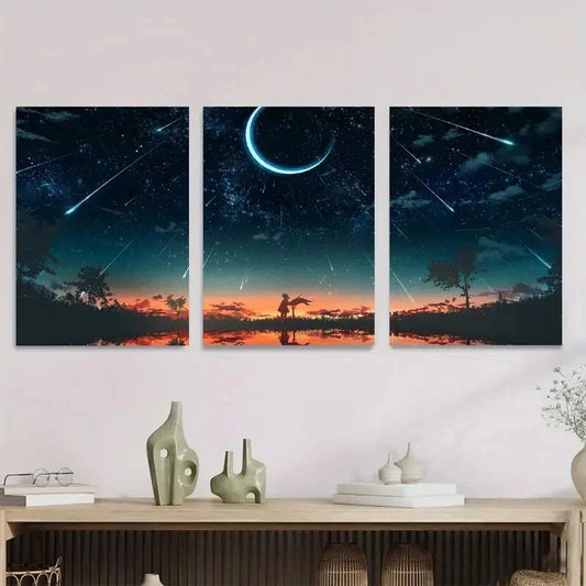 3pcs Starry Night Sky Modern Triptych Landscape Metal Print Ready to Hang Art