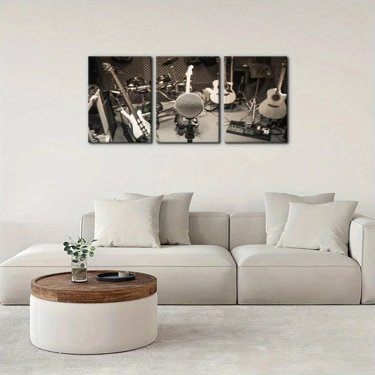 3pcs Black & White Musical Instruments Guitar Metal Print Ready to Hang Art