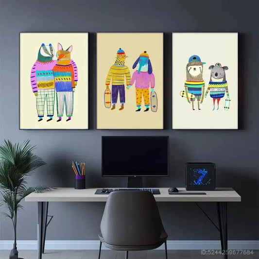 3pcs Vibrant Fox Koala Badger & Sloth Portraits Metal Print Ready to Hang Art