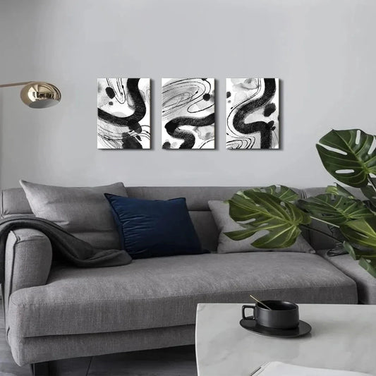 3pcs Black And White Abstract Geometric Metal Print Ready to Hang Art