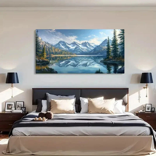 Snowy Mountain Lake Nature Wall Art Canvas Office Home Room Framed 120x60cm