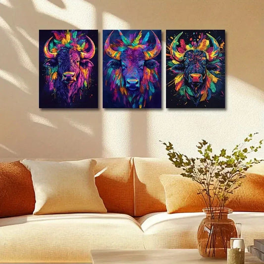 3pcs Colorful Bison Head Metal Print Ready to Hang Art