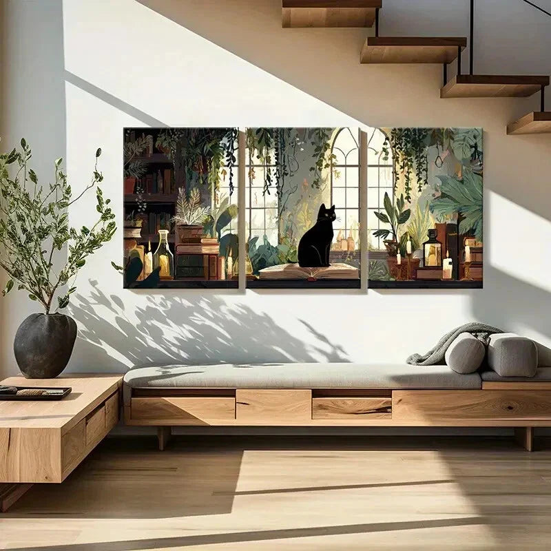 3pcs Black Cat Vintage Books Candles Green Plants Metal Print Ready to Hang Art