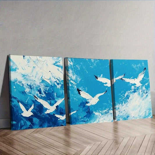 3pcs White Seagulls Birds Nature Sky   Wall Art Set Canvas Framed 40x60cm - High Quality Print 100% Australian Made Wall Canvas Ready to Hang