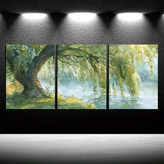 3pcs Willow Tree & Lake Oil Painting Canvas Framed 40x60cm - High Quality Print 100% Australian Made Wall Canvas Ready to Hang