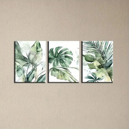 3pcs Abstract Elegant Green Plants Metal Print Ready to Hang Art