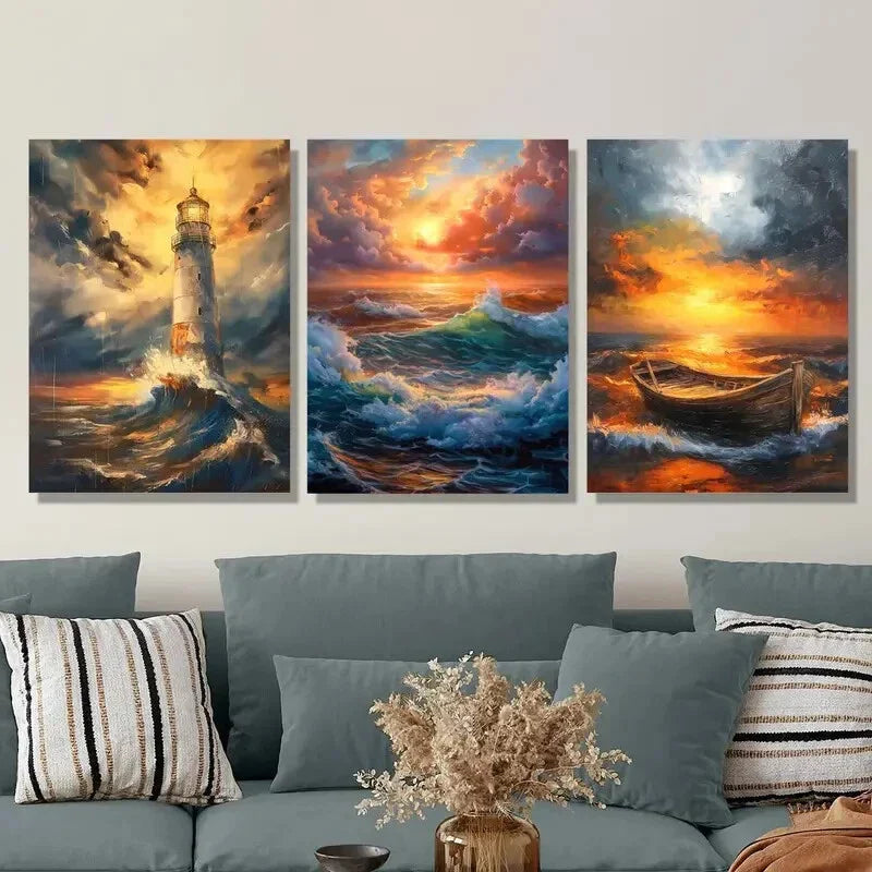 3pcs Lighthouse Landscape Portrait Orientation Metal Print Ready to Hang Art