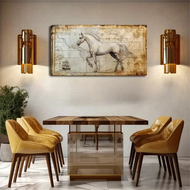 White Horse Ancient Map Design Wall Art Canvas Office Home Room Framed 120x60cm