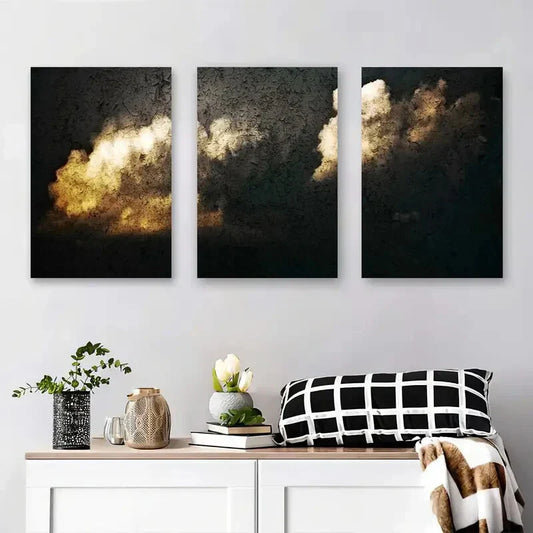 3pcs Golden Light & Dark Skies, Modern Metal Print Ready to Hang Art