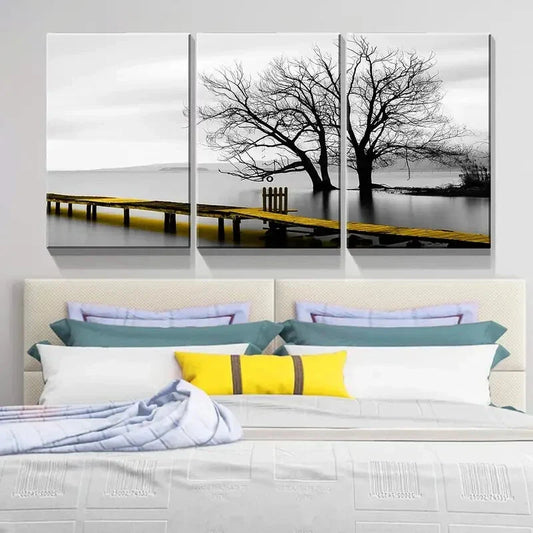 3pcs Black and White Tree & Golden Bridge   Metal Print Ready to Hang Art