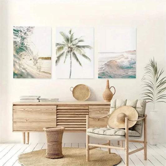 3pcs Ocean Coastal & Palm Tree Design Metal Print Ready to Hang Art