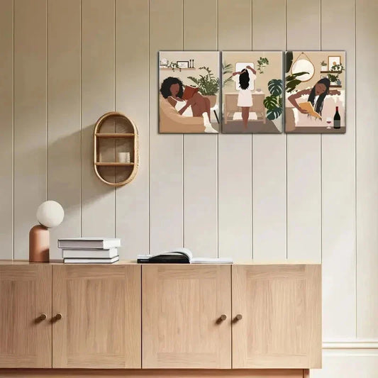 3pcs Black Girl Reading Tropical Plant Leaves Metal Print Ready to Hang Art