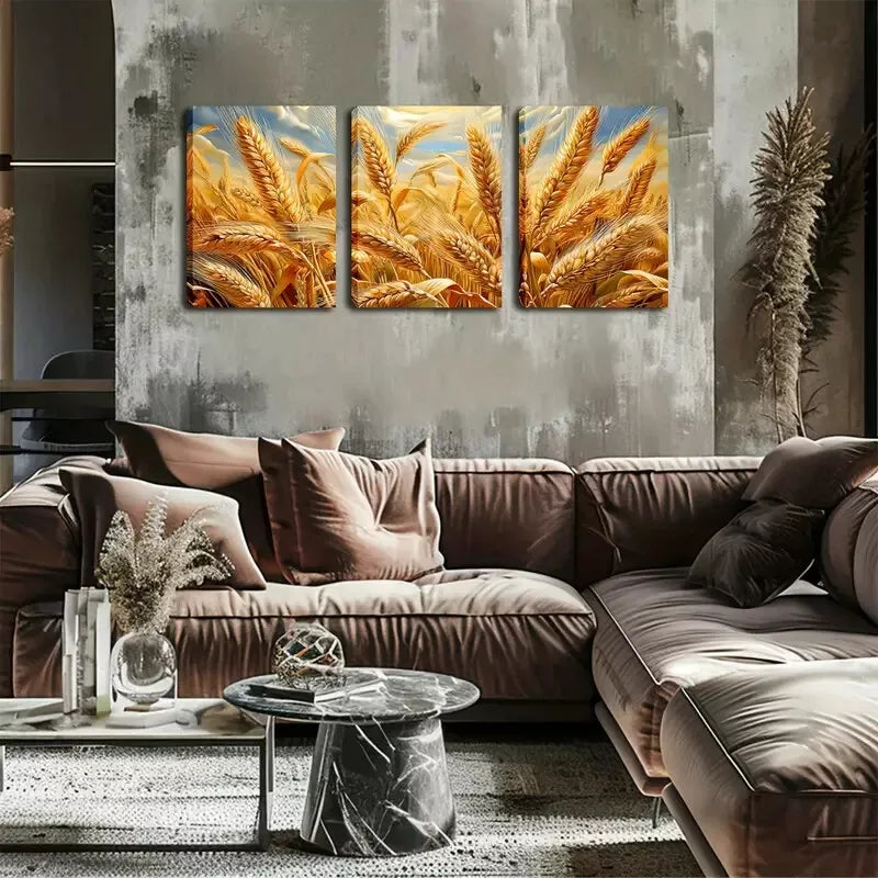3pcs  Yellow Wheat Fields Wall Art Set Canvas Framed 40x60cm - High Quality Print 100% Australian Made Wall Canvas Ready to Hang