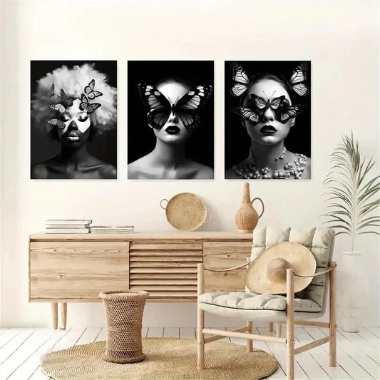3pcs Monochrome Butterfly Women Portrait Design Metal Print Ready to Hang Art