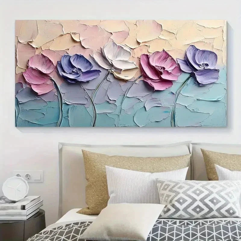 Textured Flowers Soft Pastel Wall Art Canvas Office Home Room Framed 120x60cm