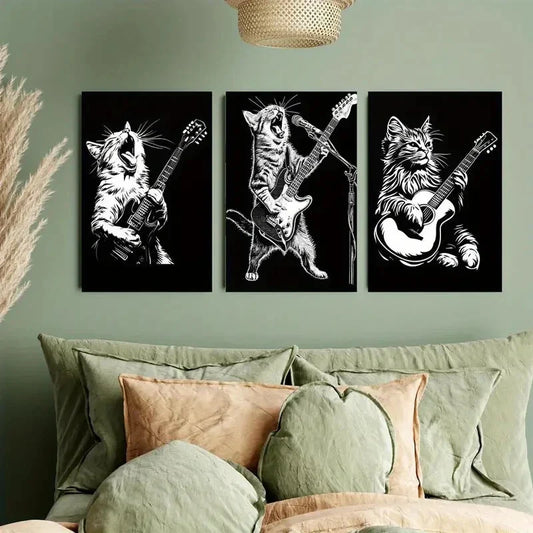 3pcs Rock Cat Guitarist Black & White Line Metal Print Ready to Hang Art