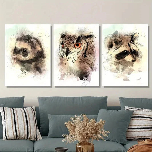 3pcs Watercolor Ferret Raccoon Owl, Animal   Metal Print Ready to Hang Art
