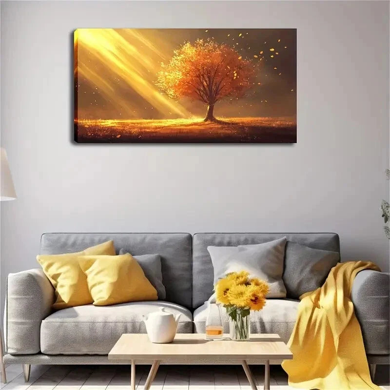 Shows a Small Golden Tree Wall Art Canvas Office Home Room Framed 120x60cm