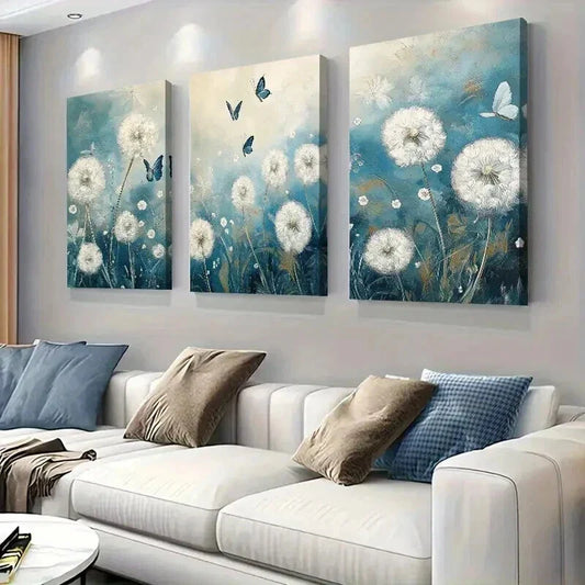 3pcs Blue and White Dandelion and Butterfly Wall Art Set Canvas Framed 40x60cm - High Quality Print 100% Australian Made Wall Canvas Ready to Hang