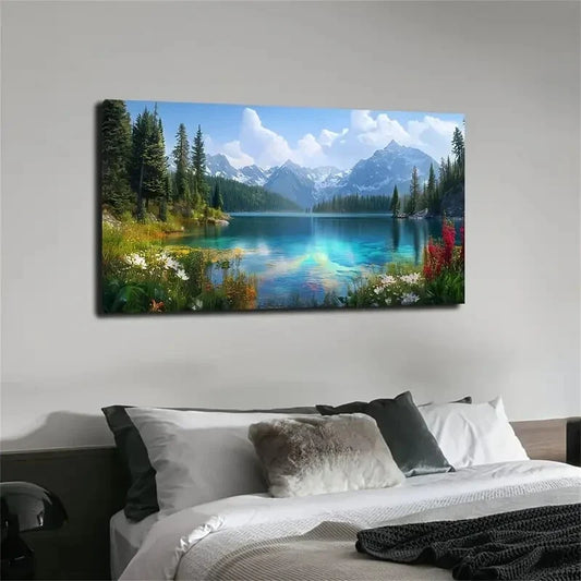 Autumn Lake & Birch Trees wall canvas office home room framed 80x45cm