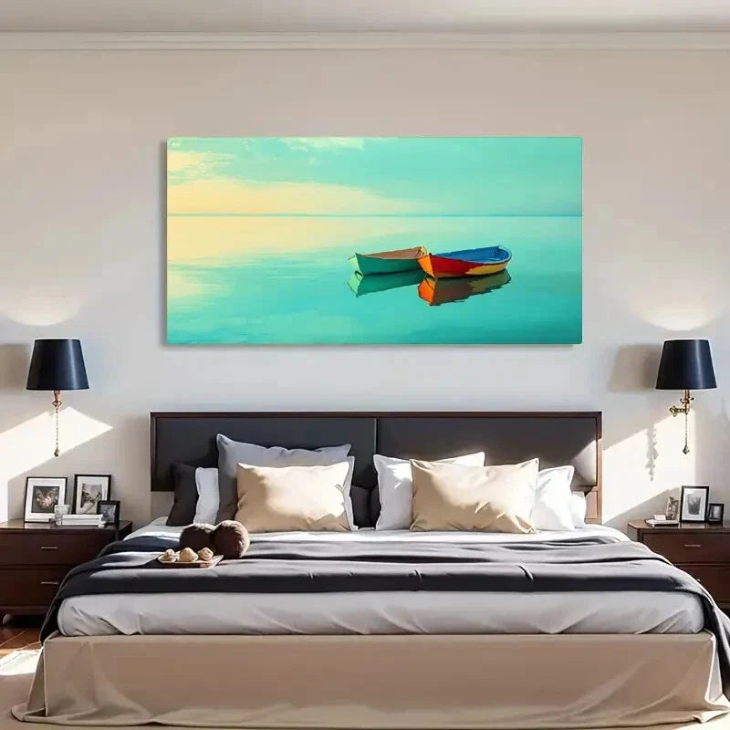 Serene Boat Reflection Minimal Wall Art Canvas Office Home Room Framed 120x60cm
